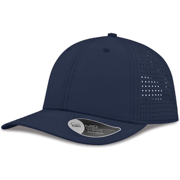 A navy cap with a perforated design and a curved brim, featuring a branding logo on the side.