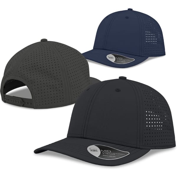 Three caps featuring a structured design in black and navy, with perforated panels and a logo on the front.