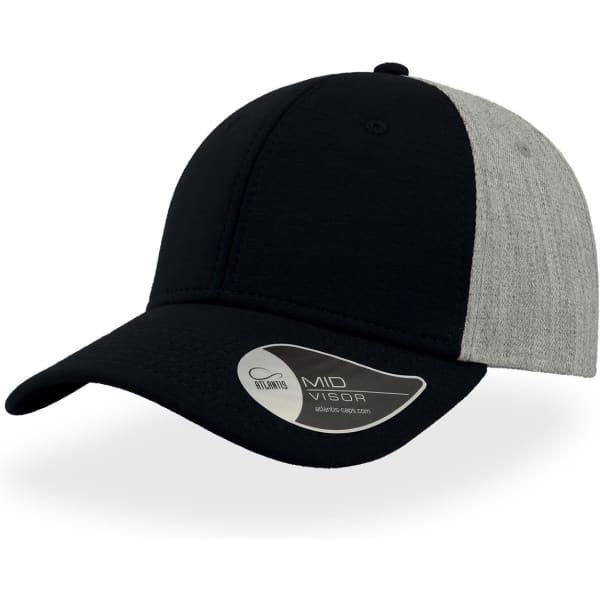 A black and grey cap featuring a structured design and a logo on the side.