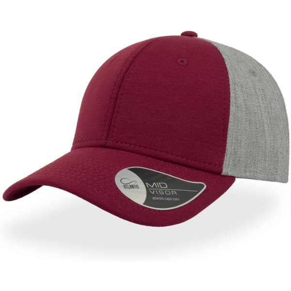 A maroon and grey cap with a mid visor and a logo on the side.