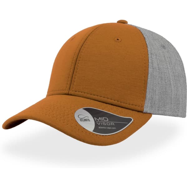 A cap featuring a brown crown and grey back, with a mid visor and a logo on the side.