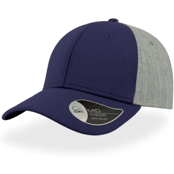 A navy and grey cap featuring a mid visor and a logo on the side.