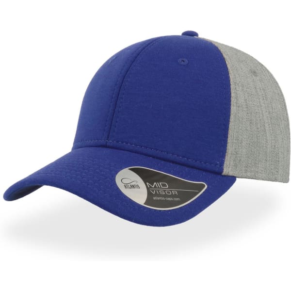 A blue and grey cap featuring a mid visor and a logo on the side.