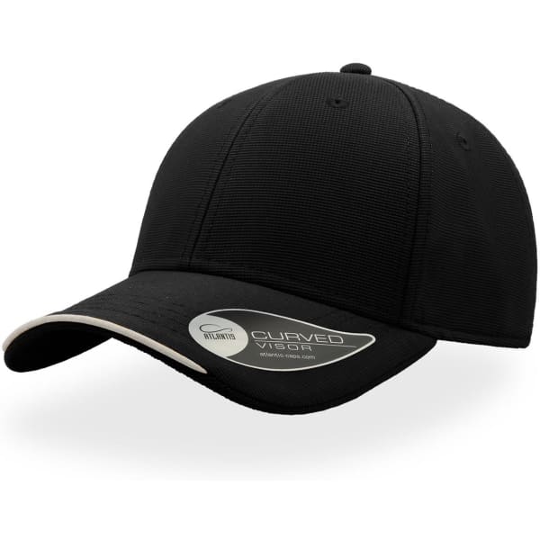 A black cap with a curved visor and a contrasting under-visor, featuring a logo on the side.