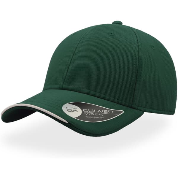 A green cap with a curved visor, featuring a logo on the side.