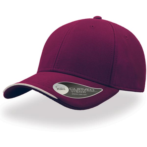 A maroon cap with a curved brim and a logo on the front side. Features a classic design and structured fit.