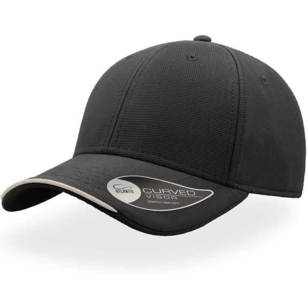 A black cap with a curved brim and a contrasting underside, featuring a logo on the side.