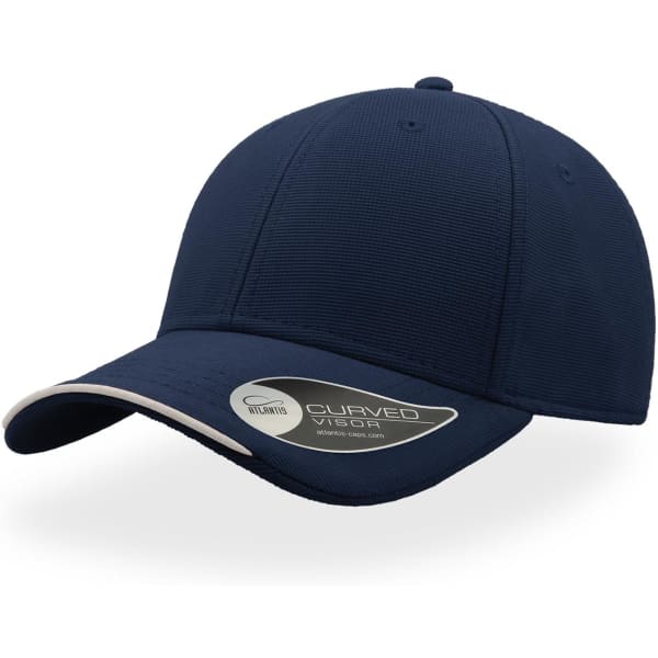 A navy blue cap with a curved visor, featuring a branded tag on the side.