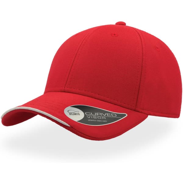 A red cap with a curved visor, featuring a logo on the side. The design is simple and classic.