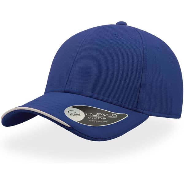 A blue cap with a curved visor and a branding label on the side.