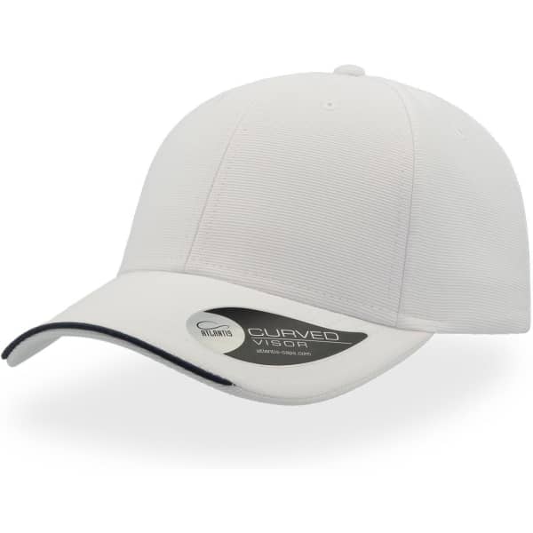A white cap with a curved visor and a branding label on the side.
