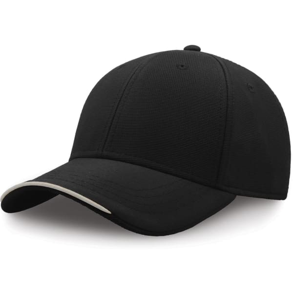 A black cap with a subtly contrasting peak and a logo on the front, made from recycled polyester.