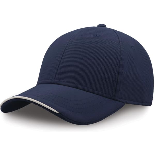 A navy blue cap made from recycled polyester, featuring a curved brim and a subtle logo on the side.