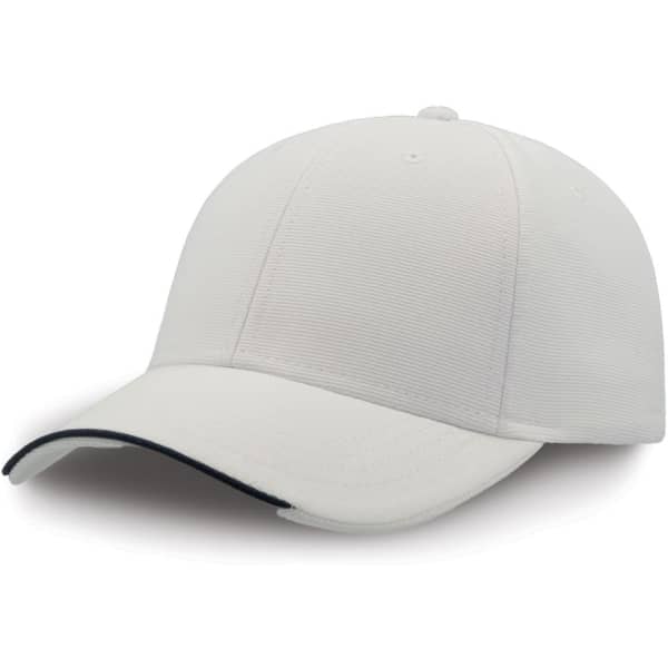 A light-coloured cap with a contrasting dark brim, made from recycled polyester, featuring a logo on the side.