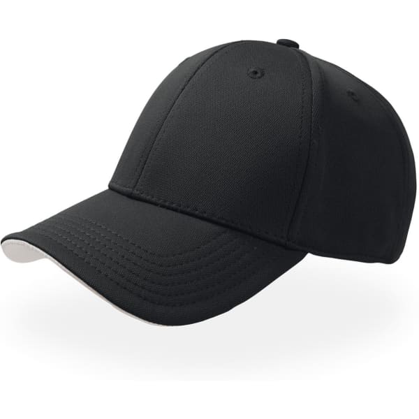 A black cap with a curved brim and a logo on the front, featuring stitching detail.