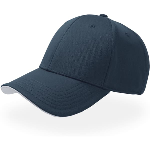 A navy cap with a curved brim and a structured design. It features a logo on the front.