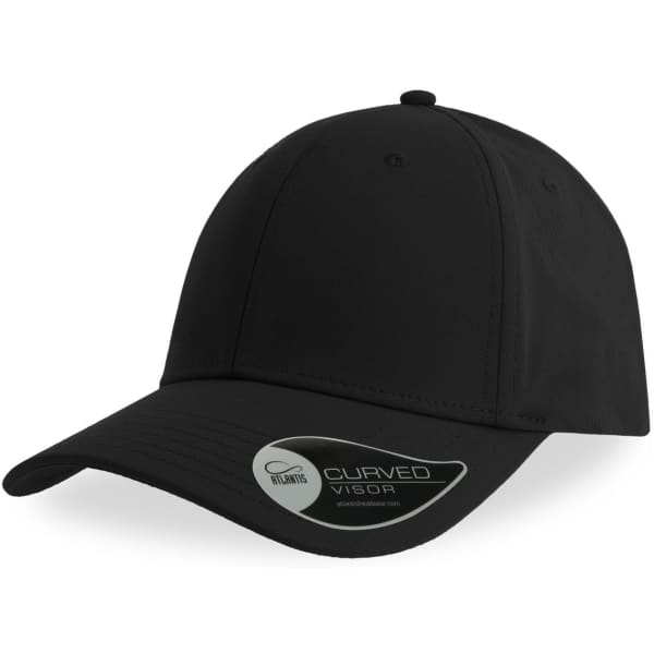 A black cap with a curved visor and a logo on the side.