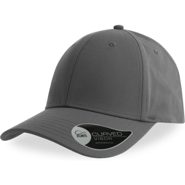 A grey cap with a curved visor and a logo, featuring a smooth design and adjustable fit.