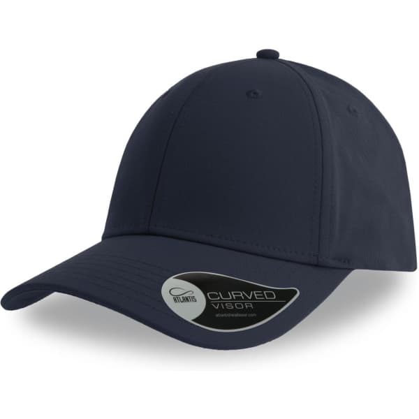 A navy baseball cap with a curved visor and a logo on the side.