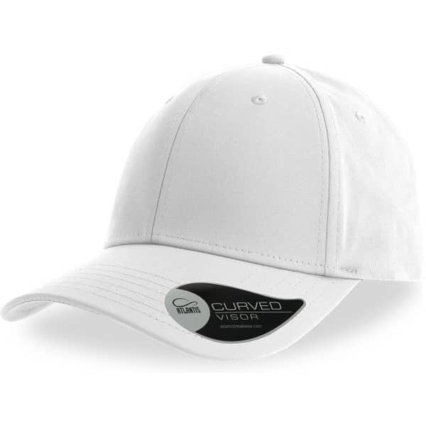 A white cap with a curved visor, featuring a brand logo on the side.