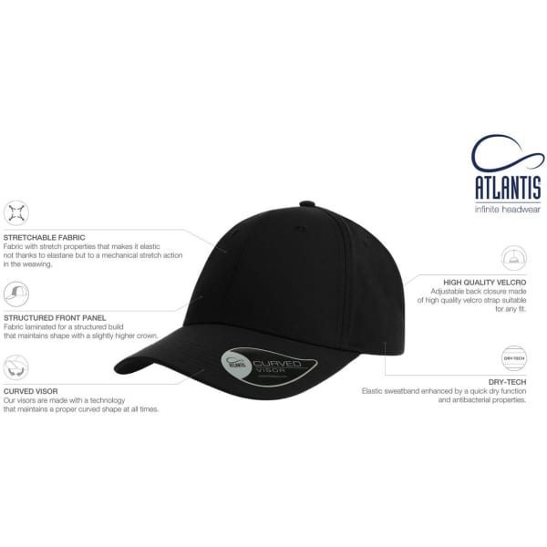 A black cap made from stretchable fabric with a structured front panel and a curved visor. It features a logo.