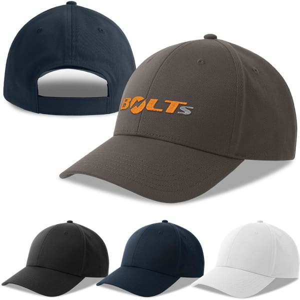 A collection of caps in grey, black, navy, and white, featuring a branded logo on the front.