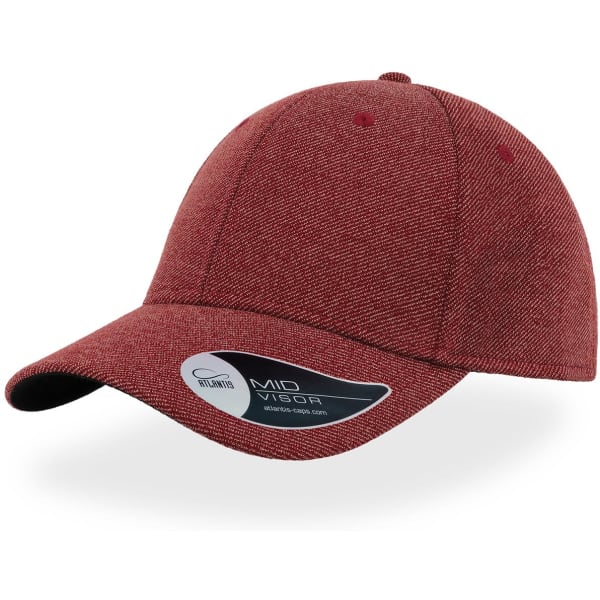 A red cap with a curved brim and a branding logo on the side. The fabric has a textured appearance.