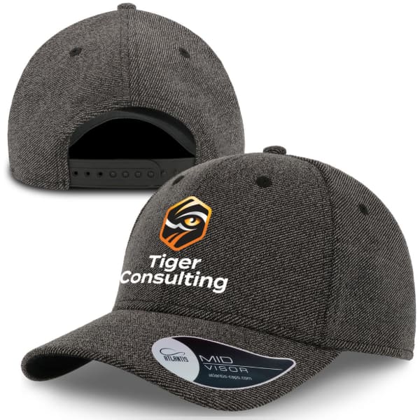 A grey cap with a mid visor featuring a logo and text. The cap has a textured fabric design.