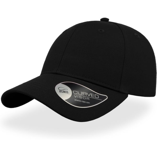 A black cap with a curved visor and a logo on the side.