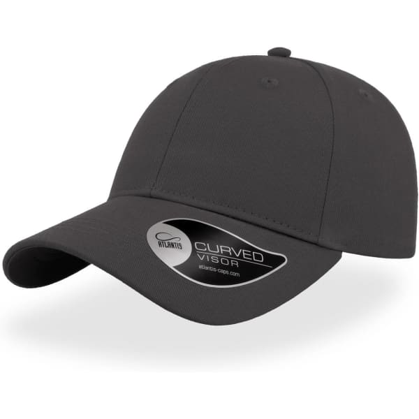 A grey cap with a curved visor and a branding tag visible on the side.