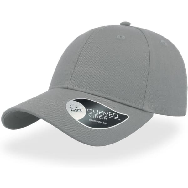 A grey cap with a curved visor and a logo on the side.