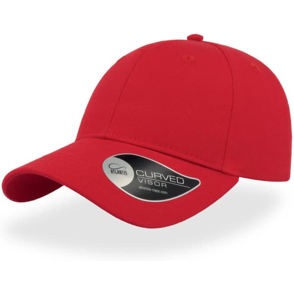 A red cap with a curved visor and a logo on the side.