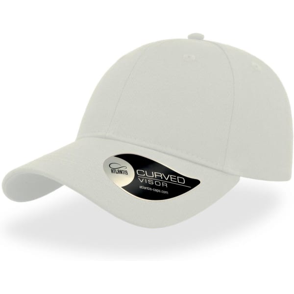 A light-coloured cap with a curved visor and a logo on the side.