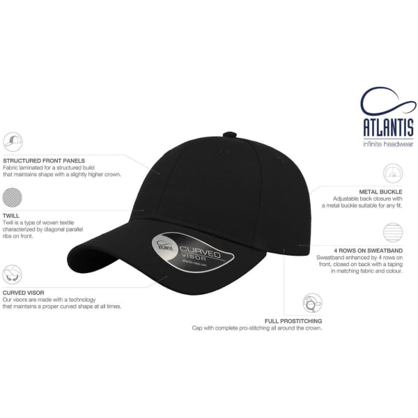 A black cap featuring a curved visor, structured front panels, and a metal buckle. It has a logo on the side.