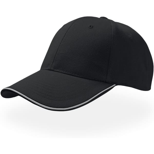 A black cap with a curved brim and white piping along the edge, featuring a logo on the front.