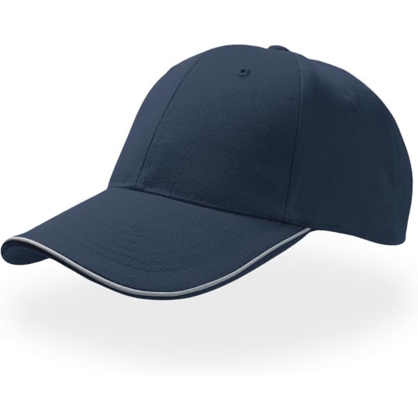 A navy cap with a curved visor and contrast trim, featuring a logo on the front.
