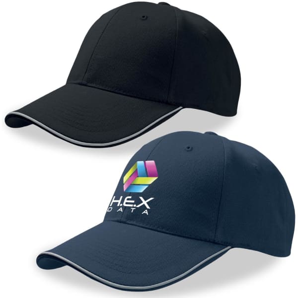 A black and navy cap with a logo, featuring a curved brim and contrasting trim.