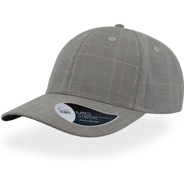 A grey cap featuring a plaid pattern and a mid-visor. Includes a branding logo on the side.