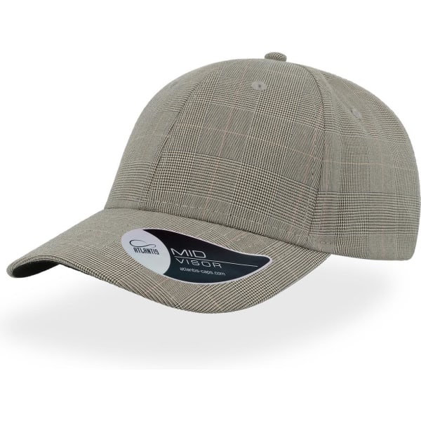 A grey cap featuring a plaid pattern and a mid-visor design, with a logo on the side.
