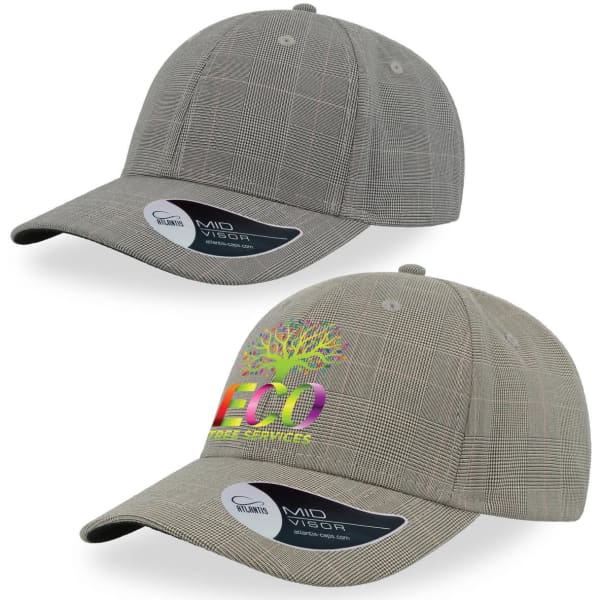 A grey cap with a checkered pattern and a colourful tree graphic. Features a logo on the side.