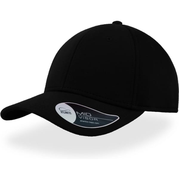 A black cap with a mid visor and a logo on the side.