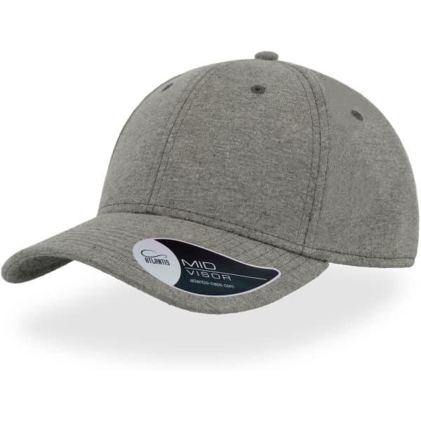 A grey cap with a mid visor and a logo on the side, featuring a structured design.