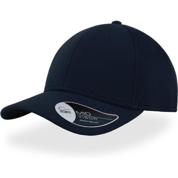 A navy cap with a mid visor, featuring a branded tag attached.