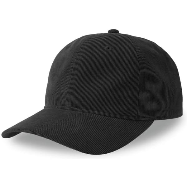 A black corduroy cap featuring a curved brim and a logo, suitable for casual wear.