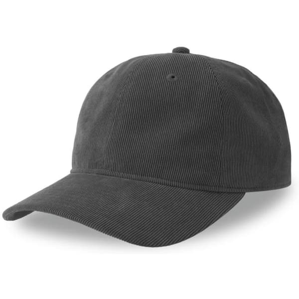 A dark grey cap made from recycled corduroy, featuring a curved brim and a logo.