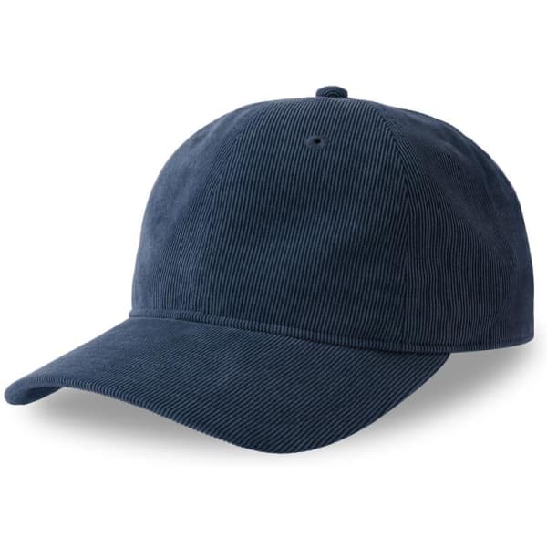 A navy blue corduroy cap with a curved brim and a logo on the front.