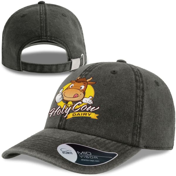A grey visor featuring a cow graphic and logo, with an adjustable back strap.