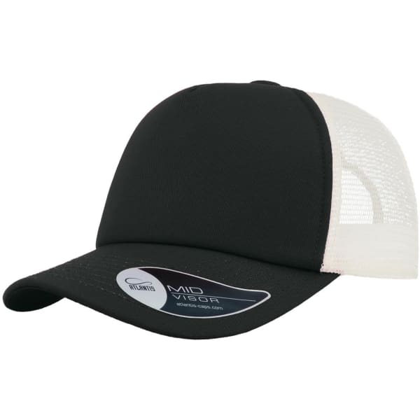 A black trucker cap with a cream mesh back and a curved visor. It features a logo on the side.