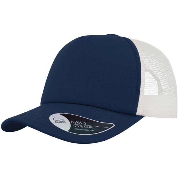 A navy blue trucker cap with a white mesh back and mid visor, featuring a logo on the front.