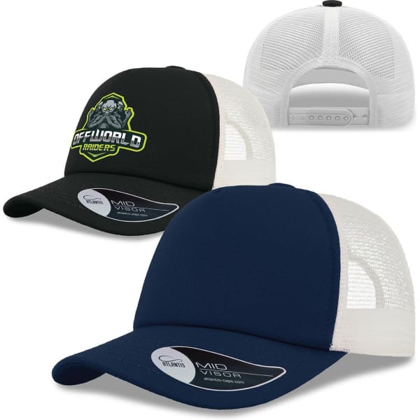 A black and navy trucker cap featuring a logo and white mesh back. Includes a curved visor and adjustable snapback.